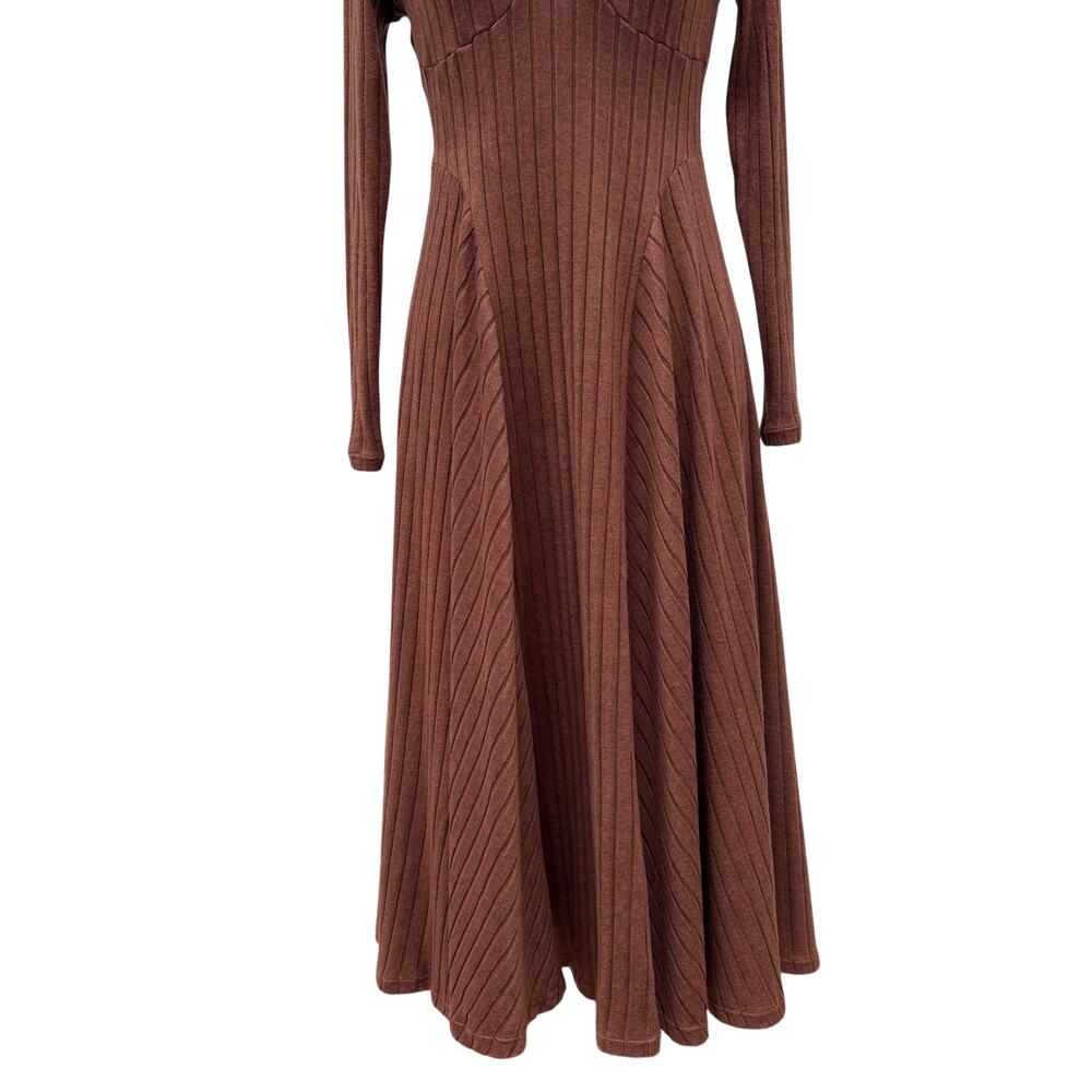 Halara Dress Sz Sm Ribbed Knit Flare Long Sleeve Flowy Casual Brown Minimalist - Picture 3 of 9
